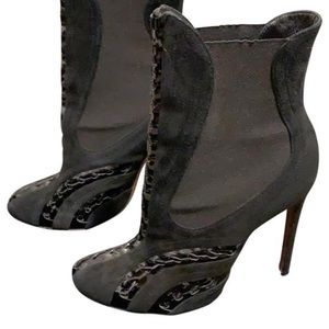 Alaia black patent paneled suede ankle boots